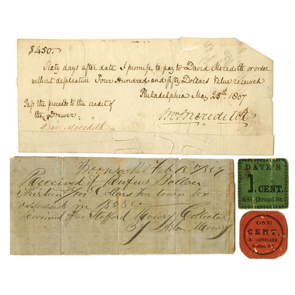 NY, PA, RI. U.S. Obsolete Civil War Era Cardboard Tokens or Chits, and Early PA & RI Fiscal Document