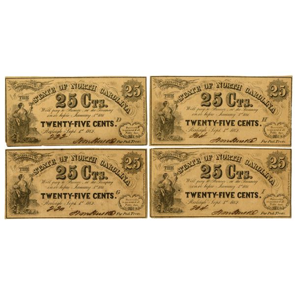 NC. State of North Carolina, 1862, 25 Cents Obsolete Banknote Quartet.
