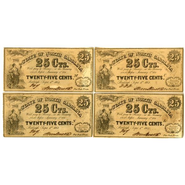 NC. State of North Carolina, 1862, 25 Cents Obsolete Banknote Quartet.