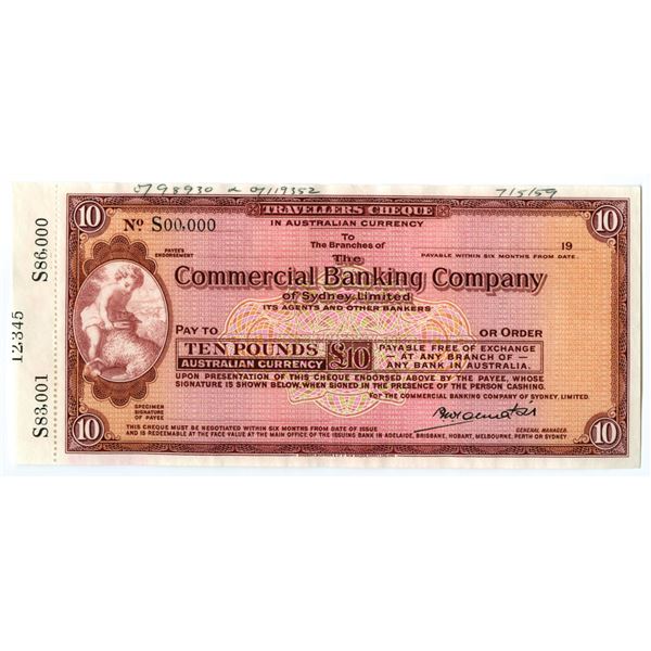 Australia. Commercial Banking Co. of Sydney Ltd., 1959, Specimen Traveler's Cheque.
