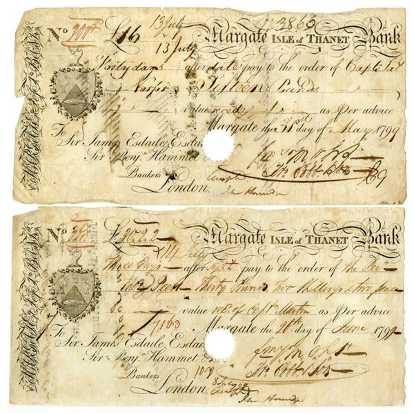 England. Margate Isle of Thanet Bank, I/C 1799 Bank Check or Draft Pair.