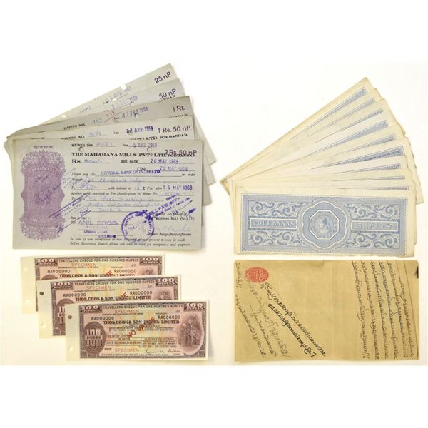 India. Banking Documents, Revenue-Stamped Hundis & Specimen Traveler's Cheques, 1940 to 1969.