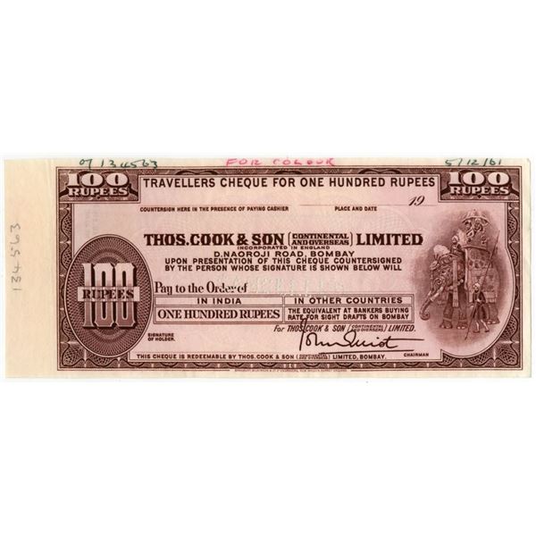 India. Thos. Cook & Son (Continental and Overseas) Ltd., 1961, Specimen Traveler's Cheque.