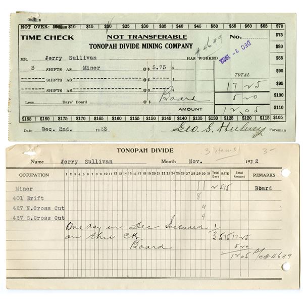 NV. Tonopah Divide Mining Co., 1922, Payroll Check & Records