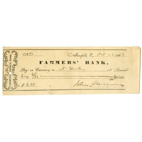 OH. Farmers' Bank, October 23, 1863, I/U Check Signed by John Sherman.