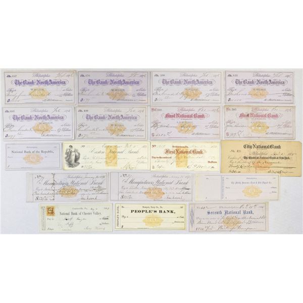 PA. Pennsylvania Bank Check and Draft Collection, All with RN-L Type Imprinted Revenues, 1865 to 187
