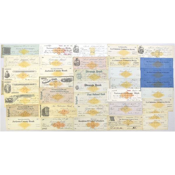 WI. Wisconsin Bank Check Collection, La Crosse, Kenosha & Green Bay, all with Imprinted Revenues, 18