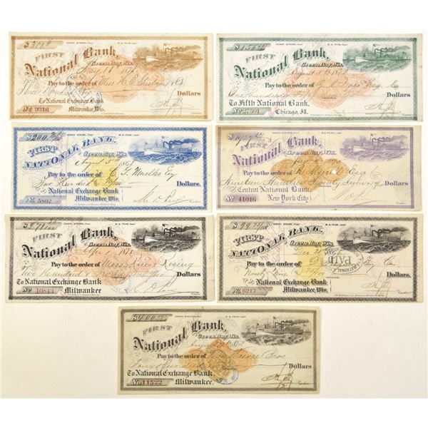 WS. First National Bank of Green Bay, 1868 to 1877, I/C Check Collection, All in Different Colors wi