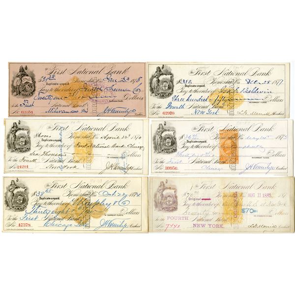 WS. First National Bank of Kenosha, 1873 to 1883, I/C Check Assortment with 6 Different Imprinted Re