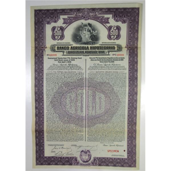 Colombia. Banco Agricola Hipotecario, 1926, Specimen Coupon Bond.