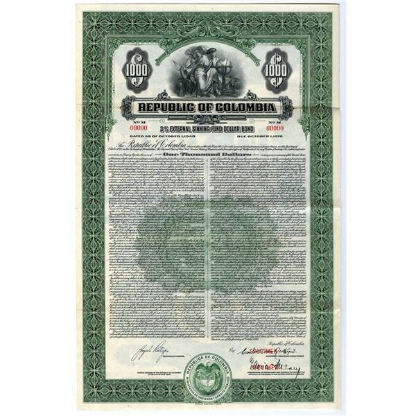 Republic of Colombia, 1940, Specimen Bond