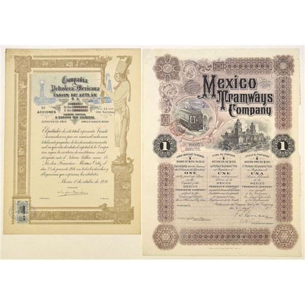Mexico Petroleum & Tramways Share Certificates, 1900s and 1916.
