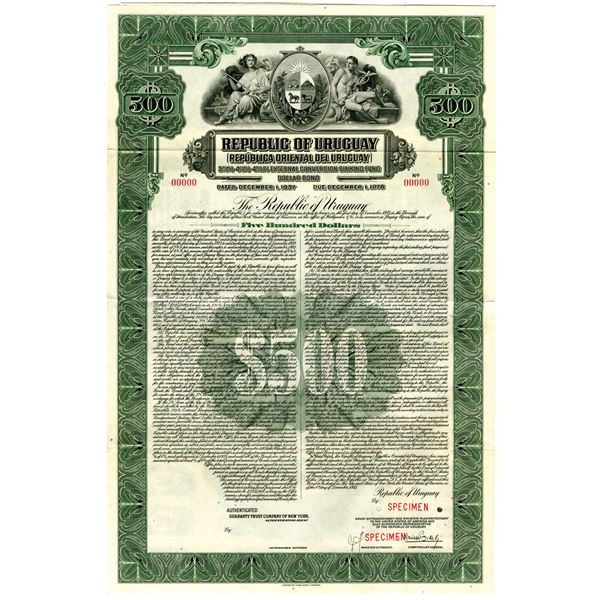 Uruguay. Republic of Uruguay 1937 Specimen Dollar Coupon Bond