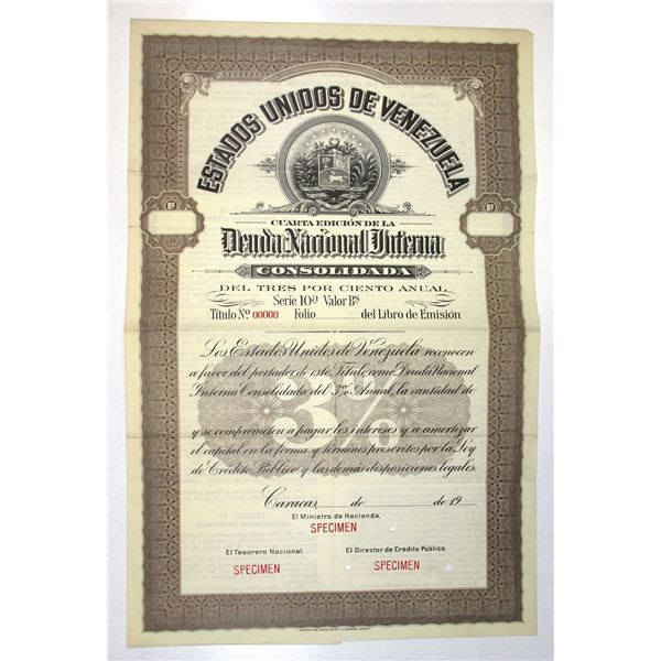 Venezuela. Estados Unidos de Venezuela, ND (1915), Specimen Coupon Bond.