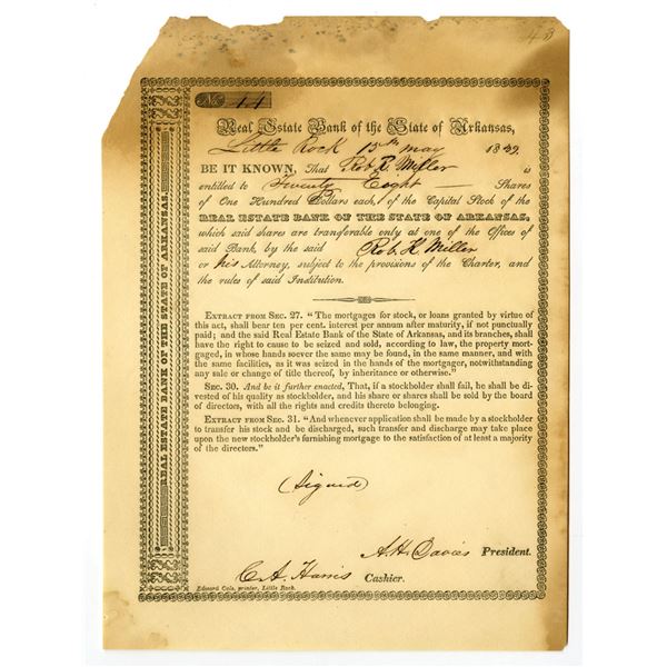 AK. Real Estate Bank of the State of Arkansas, 1838, I/U Stock Certificate.