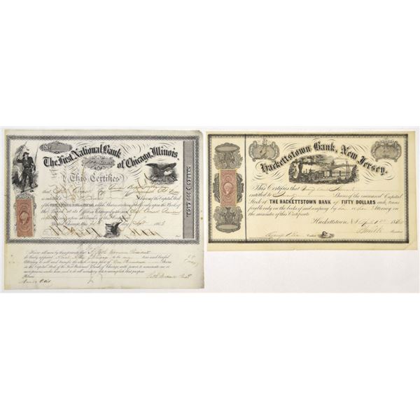 IL., First National Bank of Chicago, 1863; and, NJ., Hackettstown Bank, 1864, Stock Certificate Pair