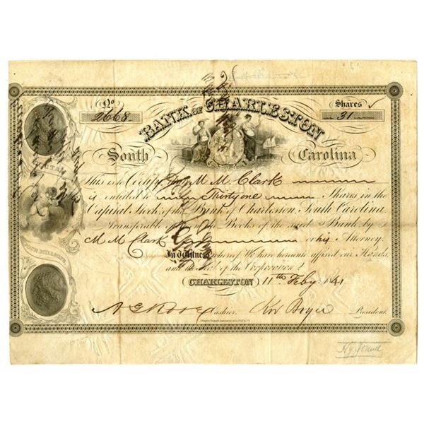SC. Bank of Charleston, 1841, I/C Stock Certificate.