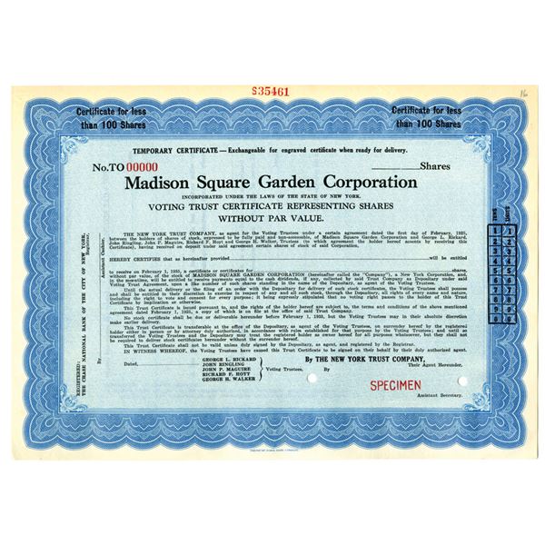 NY. Madison Square Garden Corp., ca.1960-1970 Specimen Stock Certificate