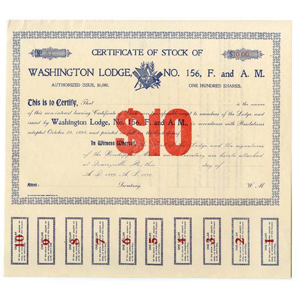 PA. MASONIC. Washington Lodge #156 F.& A.M., 1899, U/U Stock Cert., XF to AU