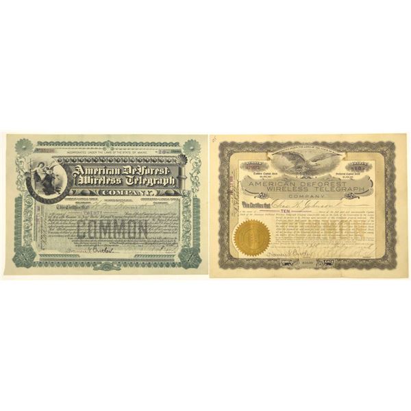 ME. American DeForest Wireless Telegraph Co., 1906, I/U Stock Certificate Pair.