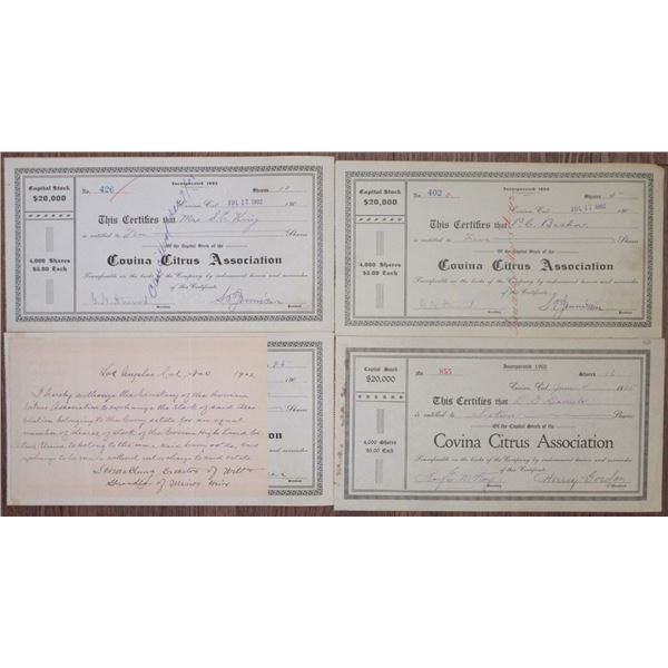 CA. Covina Citrus Association 1902 Stock Certificate Quartet