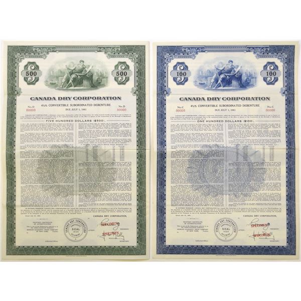 DE. Canada Dry Corp., 1961, Specimen Convertible Debenture Pair.