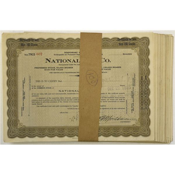 IL. National Tea Co., 1925, Lot of over 90 U/C Temporary Stock Certificates.