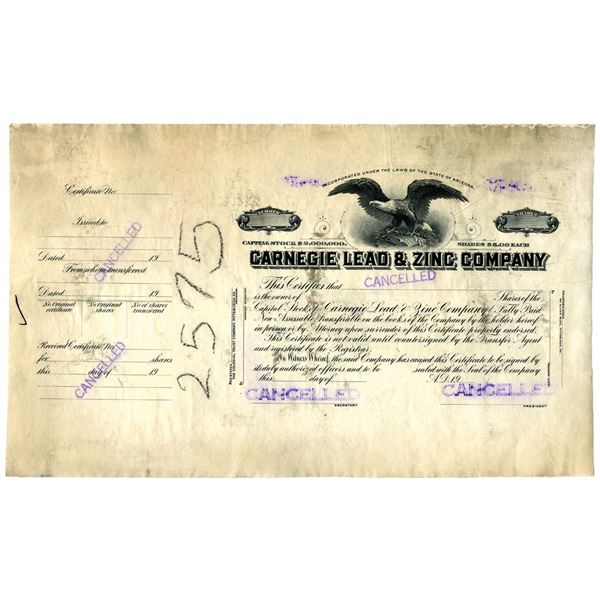 Carnegie Lead & Zinc Co., 1920-30 Progress Proof Stock Certificate
