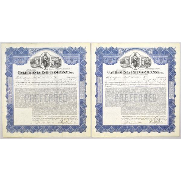 CA. California Ink Co. Inc., 1919, I/C Sequential Stock Certificate Pair.