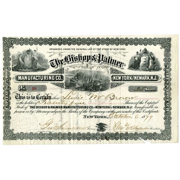 NY. Bishop & Palmer Manufacturing Co. of New York and Newark, NJ, 1879, I/U Stock Certificate.