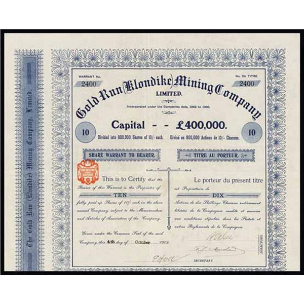 AK. Gold Run (Klondike) Mining Co., 1902, I/U Share Certificate