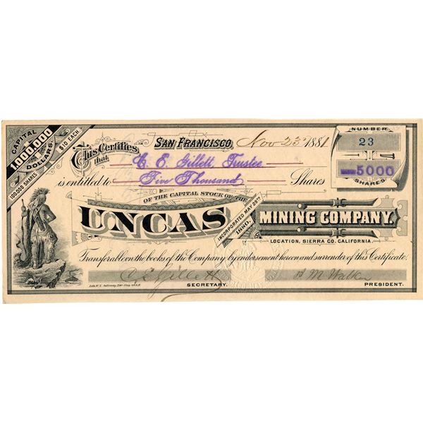 CA. Uncas Mining Co. 1881 I/U Stock Certificate