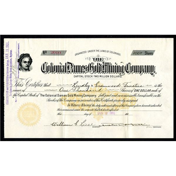 CO. Colonial Dames Gold Mining Co., 1901 I/U Stock Certificate.