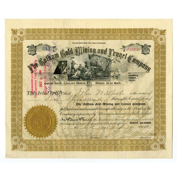 CO. Gotham Gold Mining and Tunnel Co., 1896, I/U Stock Certificate.