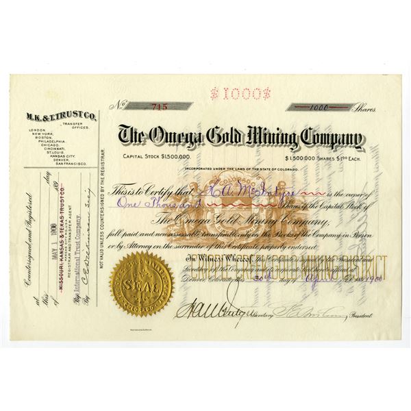 CO. Omega Gold Mining Company, 1900 I/U Stock Certificate