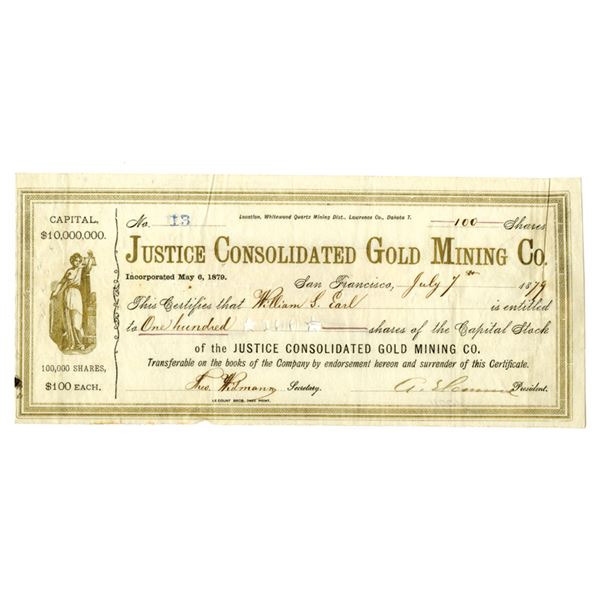 Dakota Territory. Justice Consolidated Gold Mining Co., 1879, I/U Stock Certificate.