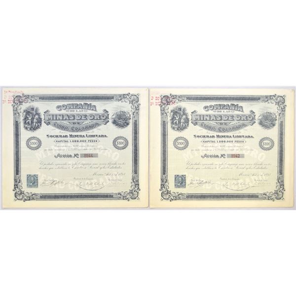 Mexico. Compania de las Mineas de Oro Cerro Colorado, 1893, I/U Stock Pair.