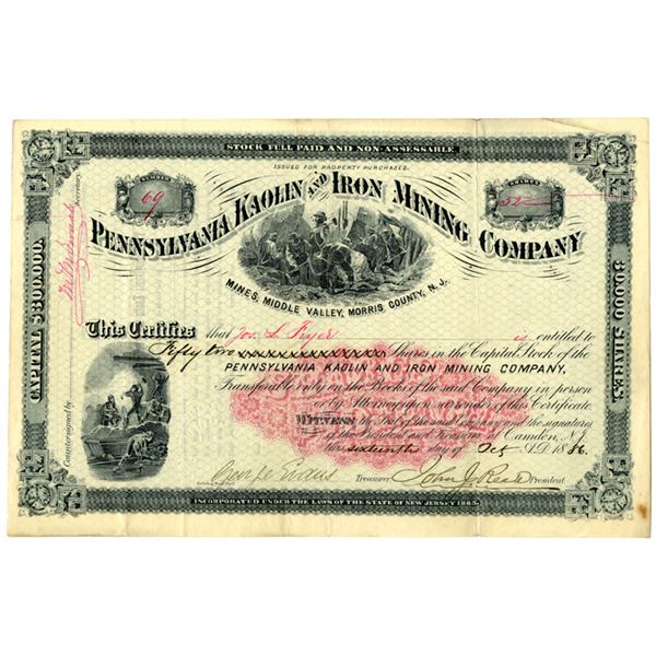 NJ. Pennsylvania Kaolin and Iron Mining Co., 1886, I/U Stock Certificate.
