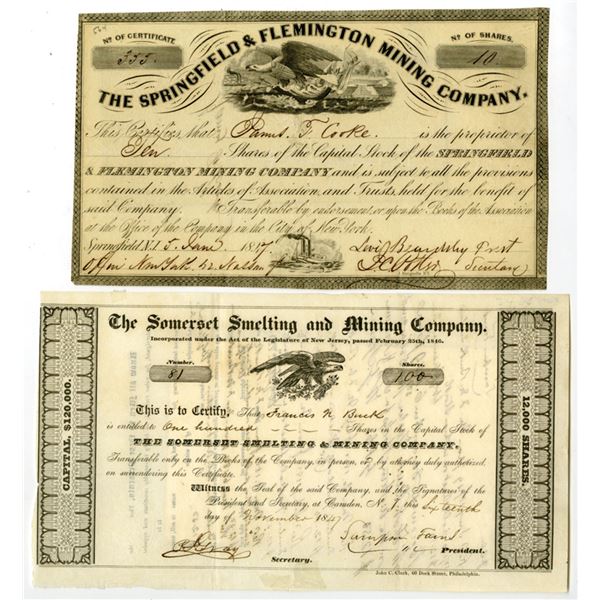 NJ. Springfield & Flemington Mining; and, Somerset Smelting, 1847, I/U Stock Certificate Pair.
