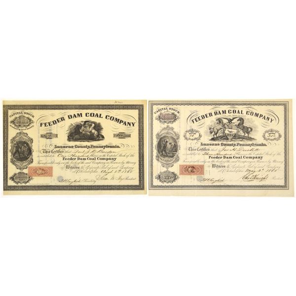 PA. Feeder Dam Coal Co., 1865 & 1868, I/U Stock Certificate Pair.