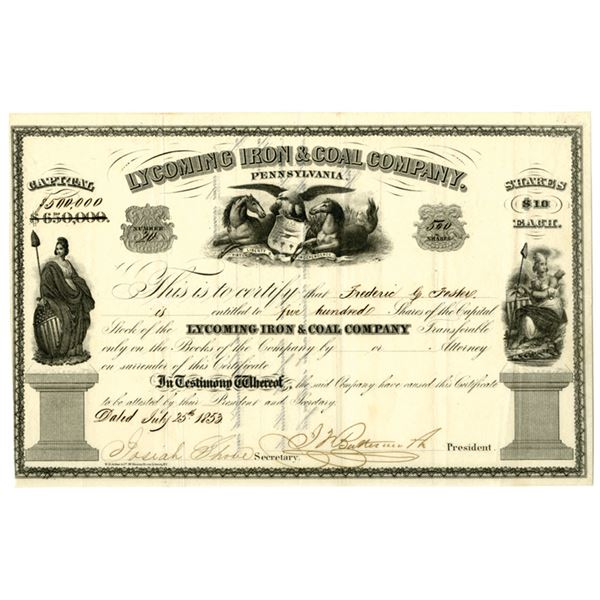 PA. Lycoming Iron & Coal Co., 1853, I/U Stock Certificate.