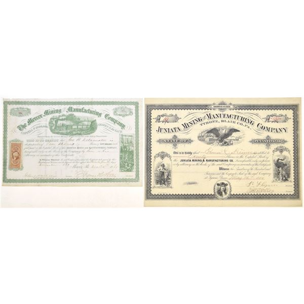 PA. Mercer and Juniata Mining and Manufacturing Companies, 1869 and 1884, I/U Stock Pair.