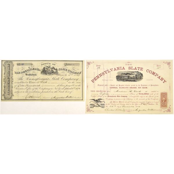 PA. Pennsylvania Slate Co., 1864 I/U Stock Certificate, and, 1871, CD.