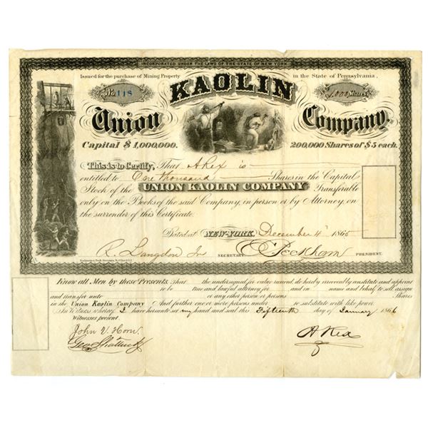 PA. Union Kaolin Co., 1866, I/U Stock Certificate.