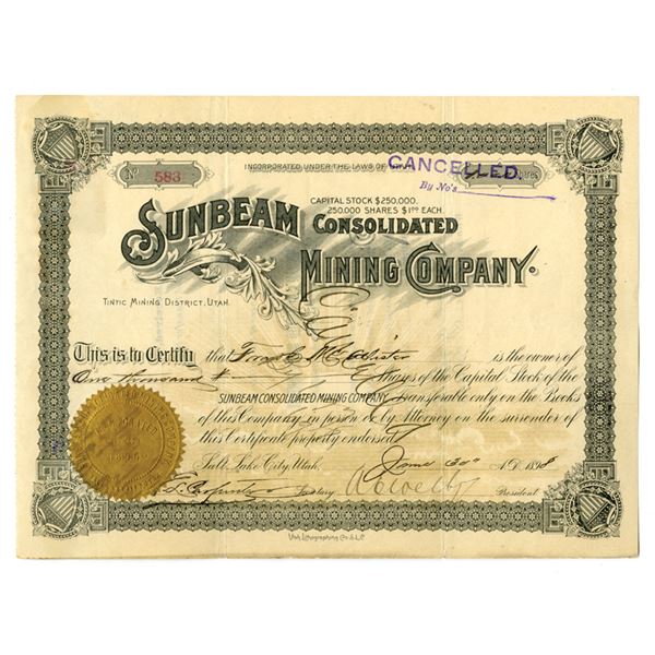 UT. Sunbeam Consolidated Mining Co., 1898, I/C Stock Certificate.