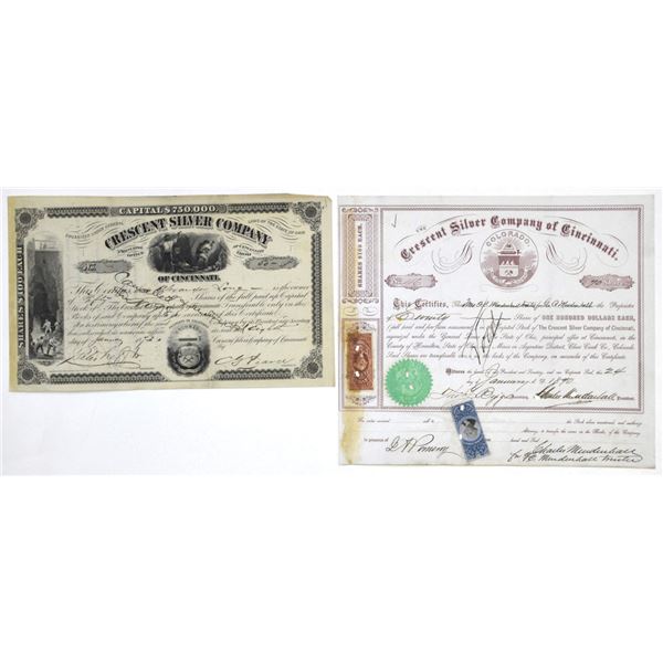 CO. Cresent Silver Co. of Cincinnati. 1873 and 1890, Stock Certificate Pair.
