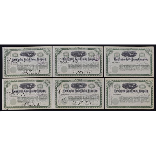 CO. Orphan Gold Mining Co., 1901, I/C & U/U Stock Certificate Assortment.