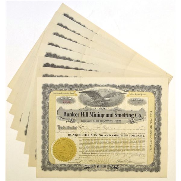 ME. Bunker Hill Mining & Smelting Co., 1908 to 1916, I/U Stock Certificate Group