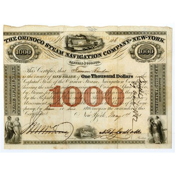 New York, Venezuela & Colombia. Orinoco Steam Navigation Co. of New York, 1851, I/C Stock Certificat