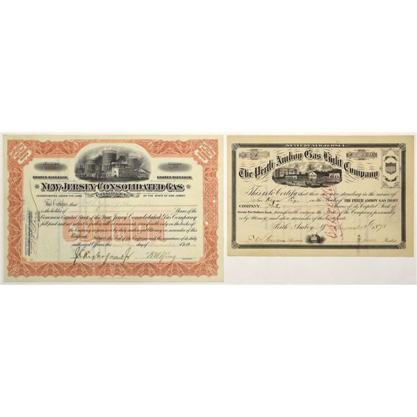 NJ. 1873, Perth Amboy Gas Light Company; and, 1916, New Jersey Consolidated Gas Co., Stock Certifica